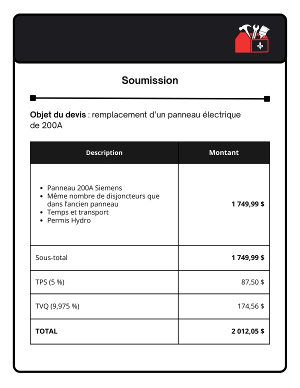 soumission remplacement panneau electrique 200a