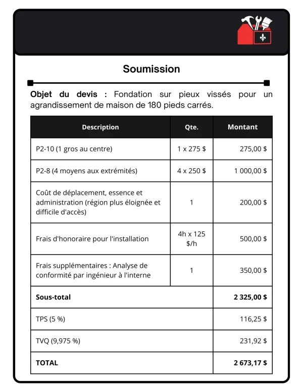soumission fondation pieux visses agrandissement maison