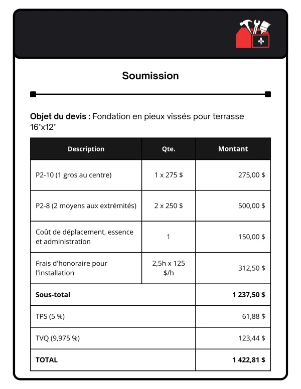 soumission fondation pieux visses terrasse