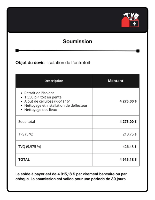 soumission prix isolation entretoit maison