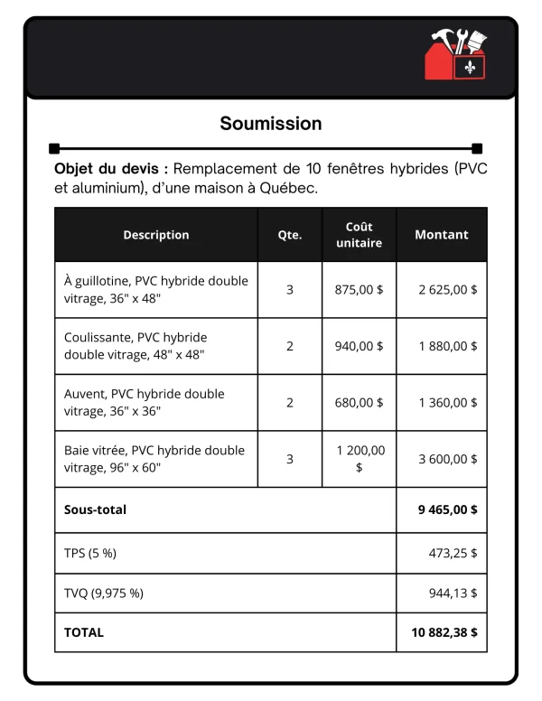 soumission remplacement 10 fenetres hybrides pvc aluminium