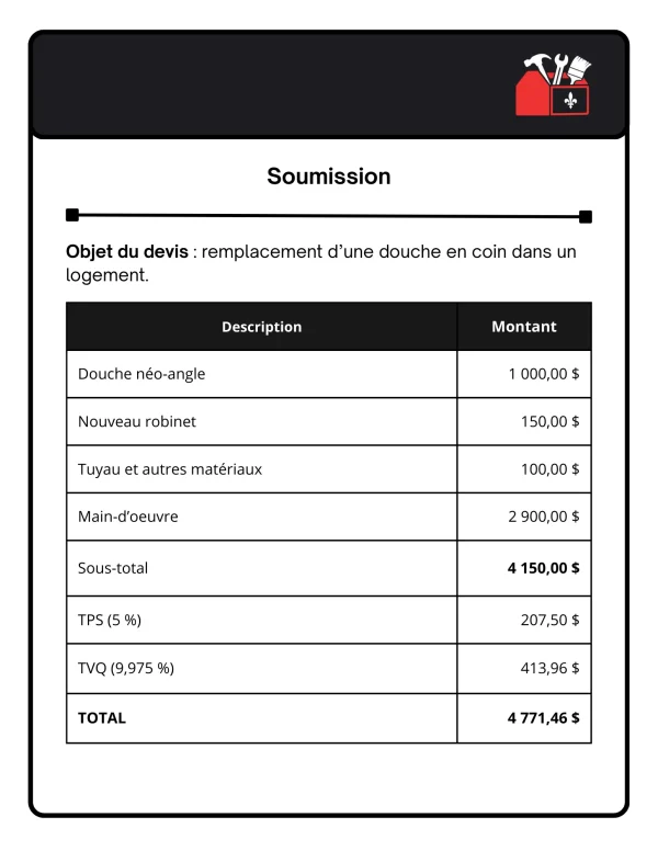 soumission remplacement douche en coin