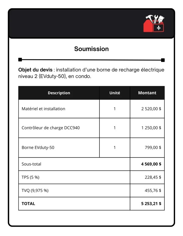 soumissions reelle installation borne de recharge electrique niveau 2 condo copropriete